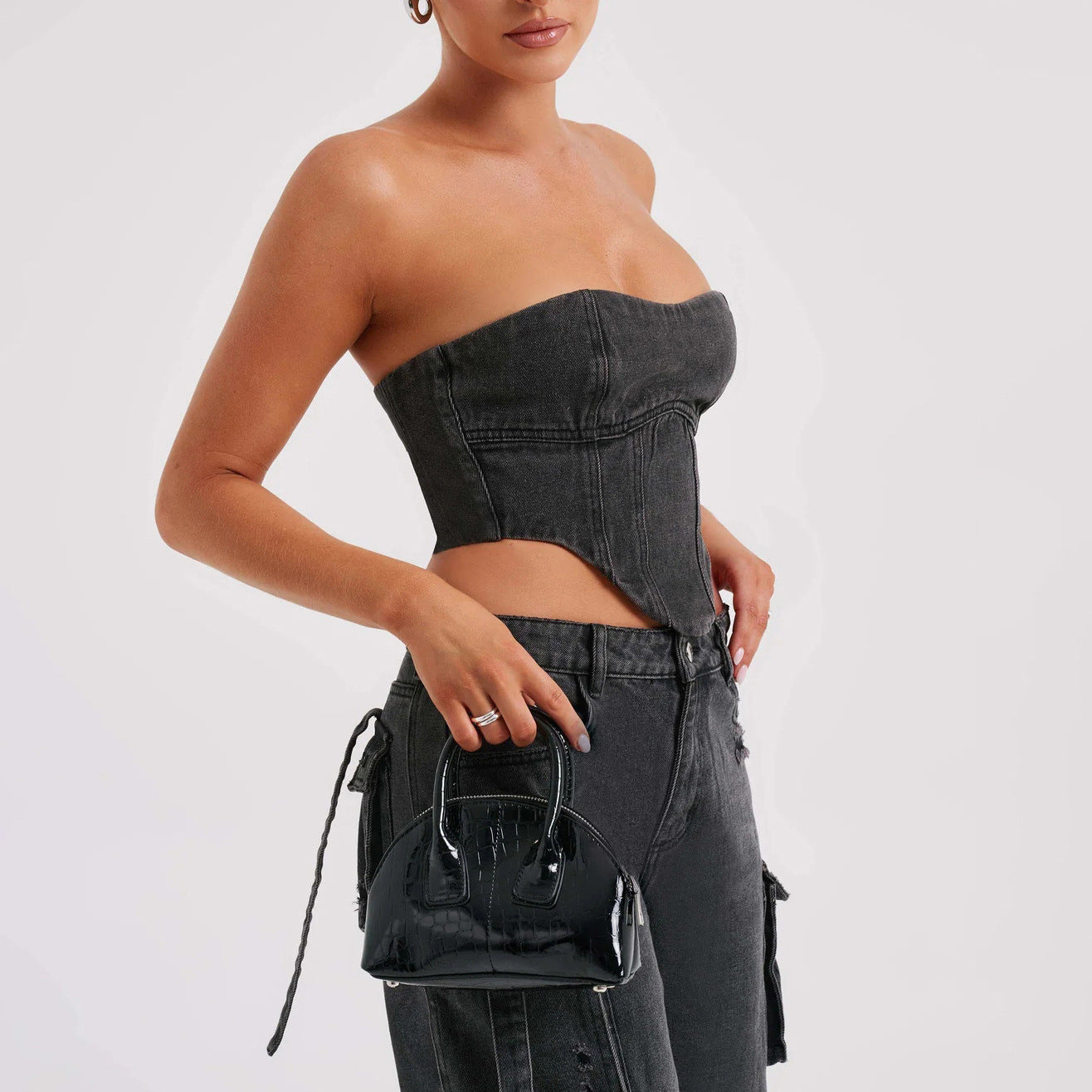 Chic Women's Low Waist Three-Dimensional Tube Top Jeans with Stylish Pocket Stitching