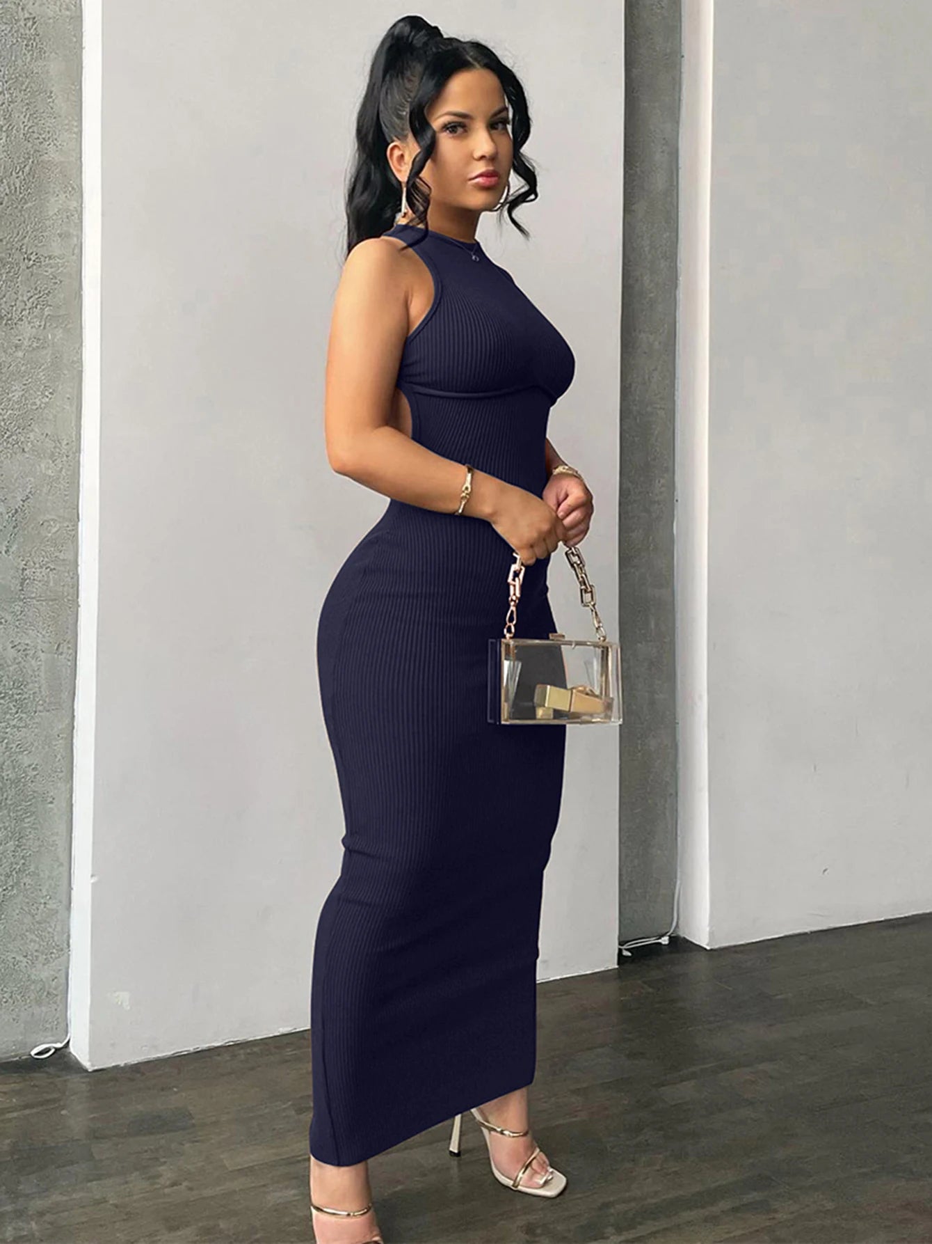 Elevate Your Style with the Ribbed Solid Hollow Out Backless Sleeveless Mini Dress - Perfect for Spring Parties and Elegant Outings!