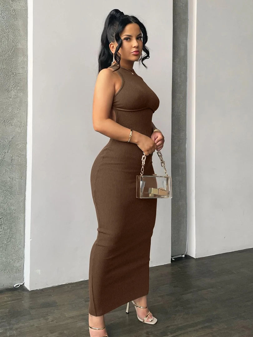 Elevate Your Style with the Ribbed Solid Hollow Out Backless Sleeveless Mini Dress - Perfect for Spring Parties and Elegant Outings!
