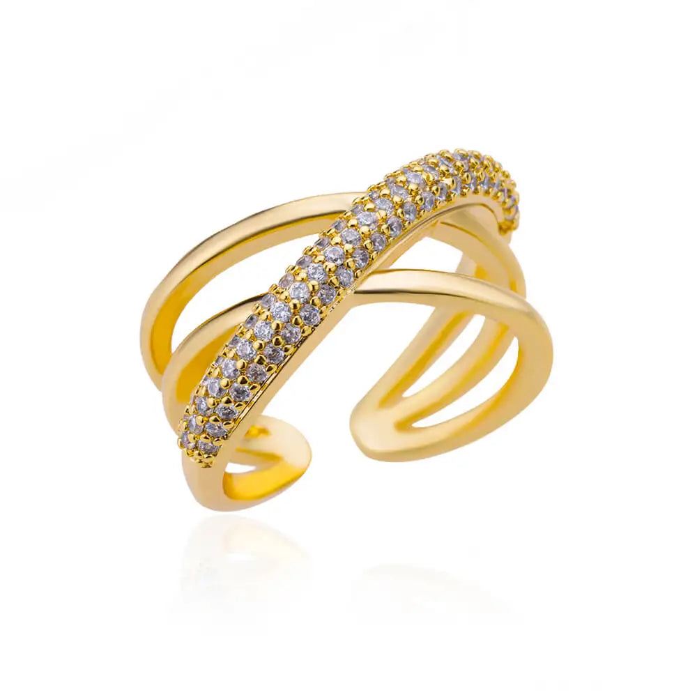 Elevate Your Style with Our Zircon Double Crossed Shape Ring - Luxurious Gold Plated Stainless Steel Wedding Band for Women