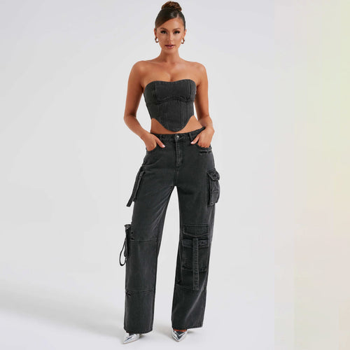 Chic Women's Low Waist Three-Dimensional Tube Top Jeans with Stylish Pocket Stitching