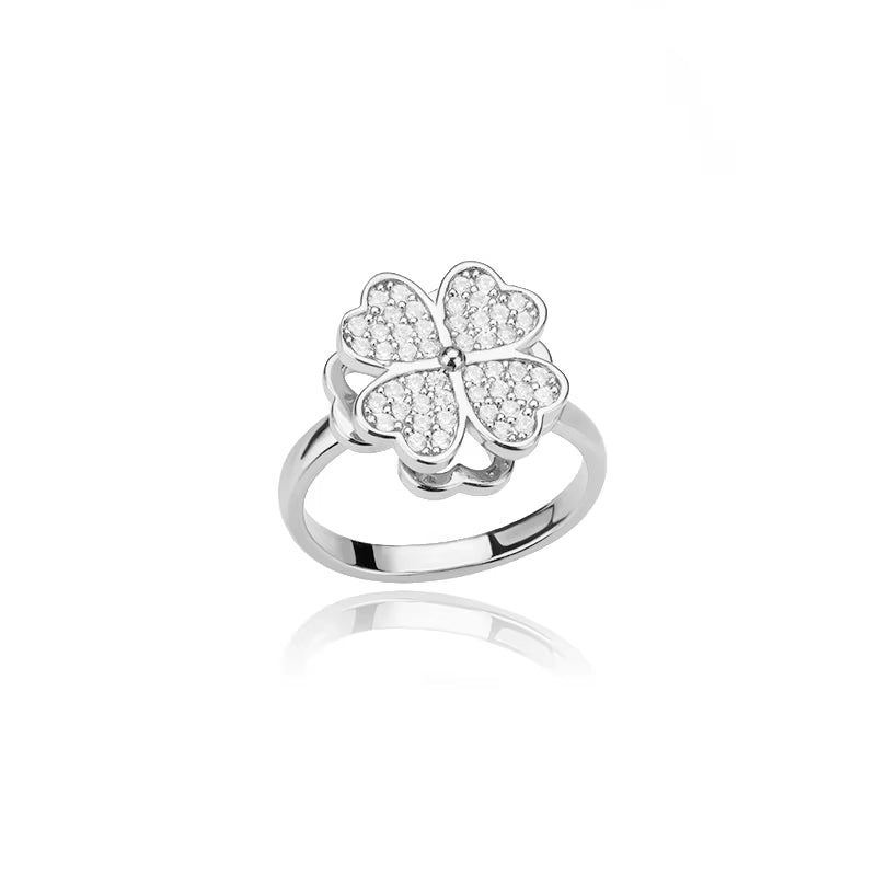 Heart-Shaped Four Leaf Clover Adjustable Ring for Women - Trendy Stainless Steel Wedding Band with 18k Gold Plating and Cubic Zirconia - Perfect Valentine's Day Gift!