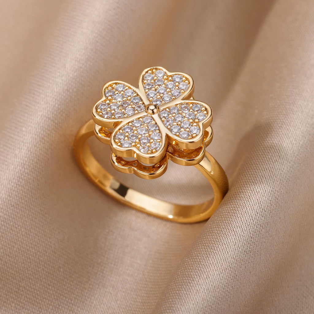 Heart-Shaped Four Leaf Clover Adjustable Ring for Women - Trendy Stainless Steel Wedding Band with 18k Gold Plating and Cubic Zirconia - Perfect Valentine's Day Gift!