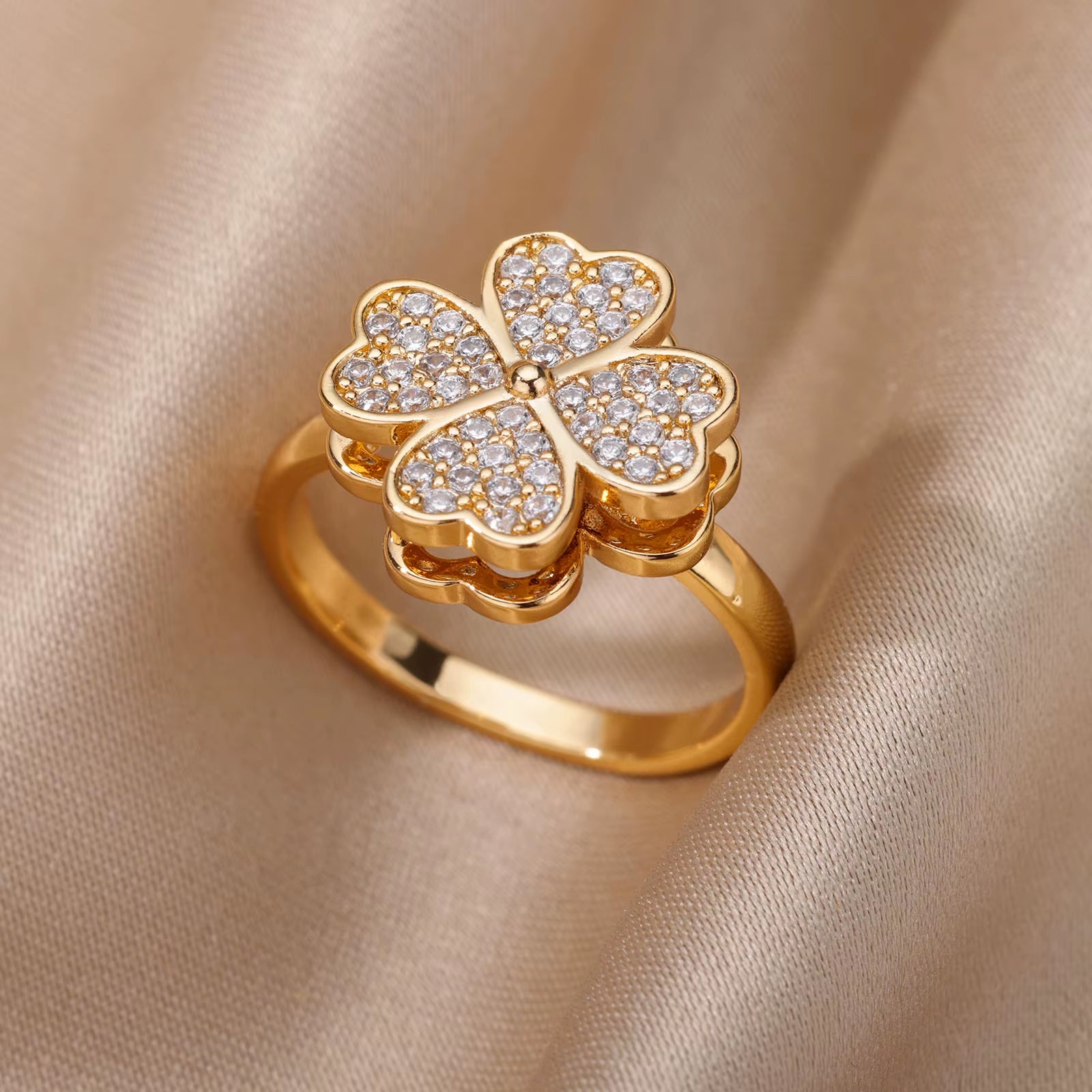 Heart-Shaped Four Leaf Clover Adjustable Ring for Women - Trendy Stainless Steel Wedding Band with 18k Gold Plating and Cubic Zirconia - Perfect Valentine's Day Gift!