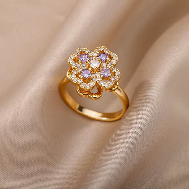 Heart-Shaped Four Leaf Clover Adjustable Ring for Women - Trendy Stainless Steel Wedding Band with 18k Gold Plating and Cubic Zirconia - Perfect Valentine's Day Gift!
