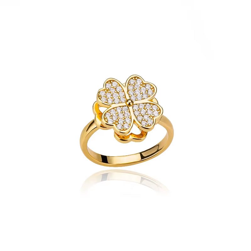 Heart-Shaped Four Leaf Clover Adjustable Ring for Women - Trendy Stainless Steel Wedding Band with 18k Gold Plating and Cubic Zirconia - Perfect Valentine's Day Gift!