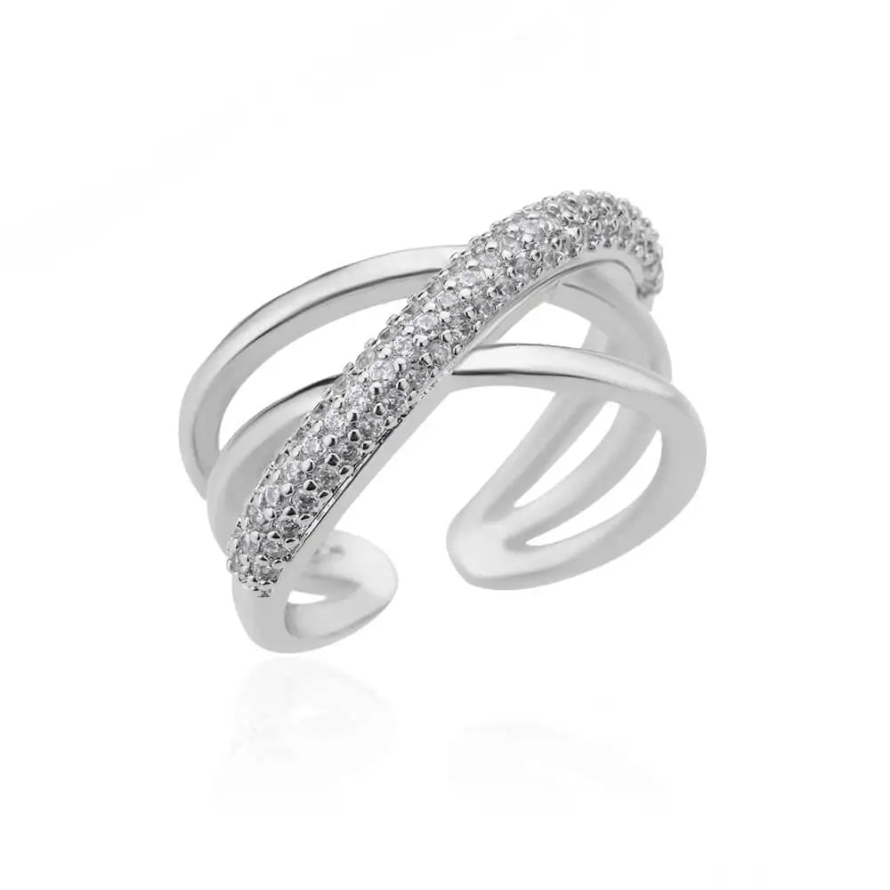 Elevate Your Style with Our Zircon Double Crossed Shape Ring - Luxurious Gold Plated Stainless Steel Wedding Band for Women