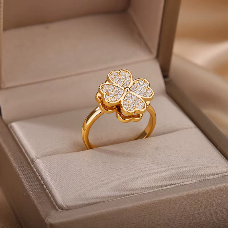 Heart-Shaped Four Leaf Clover Adjustable Ring for Women - Trendy Stainless Steel Wedding Band with 18k Gold Plating and Cubic Zirconia - Perfect Valentine's Day Gift!