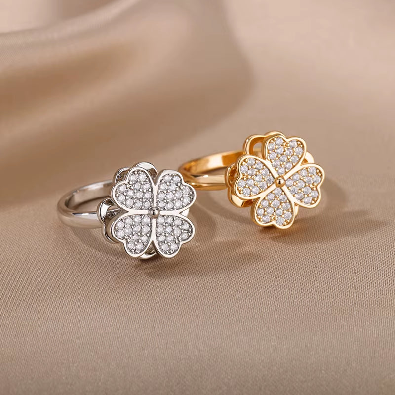 Heart-Shaped Four Leaf Clover Adjustable Ring for Women - Trendy Stainless Steel Wedding Band with 18k Gold Plating and Cubic Zirconia - Perfect Valentine's Day Gift!