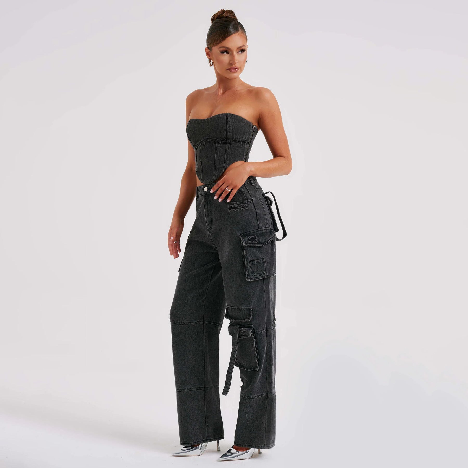 Chic Women's Low Waist Three-Dimensional Tube Top Jeans with Stylish Pocket Stitching
