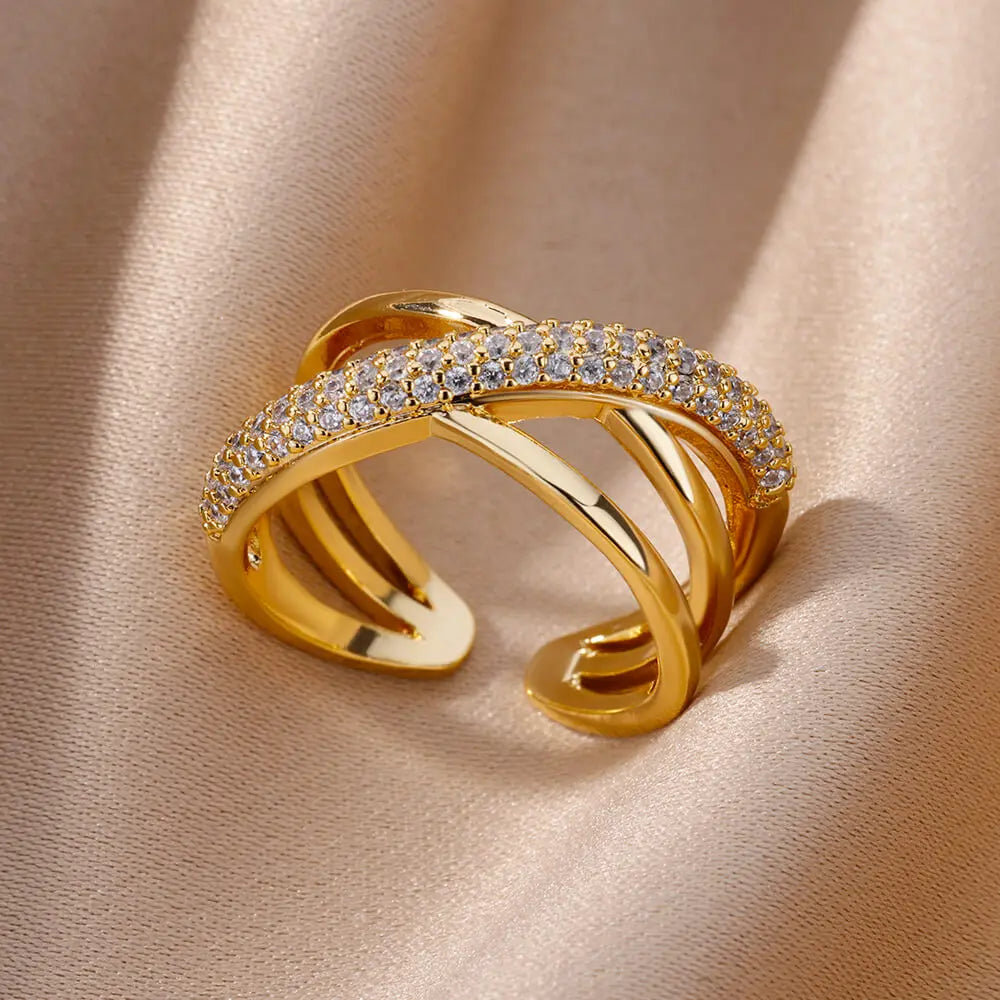 Elevate Your Style with Our Zircon Double Crossed Shape Ring - Luxurious Gold Plated Stainless Steel Wedding Band for Women
