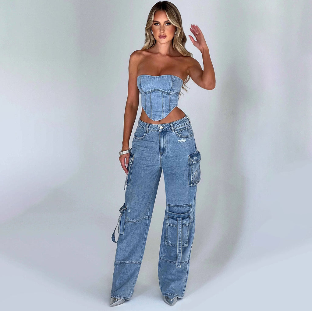 Chic Women's Low Waist Three-Dimensional Tube Top Jeans with Stylish Pocket Stitching