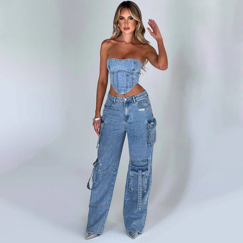 Chic Women's Low Waist Three-Dimensional Tube Top Jeans with Stylish Pocket Stitching