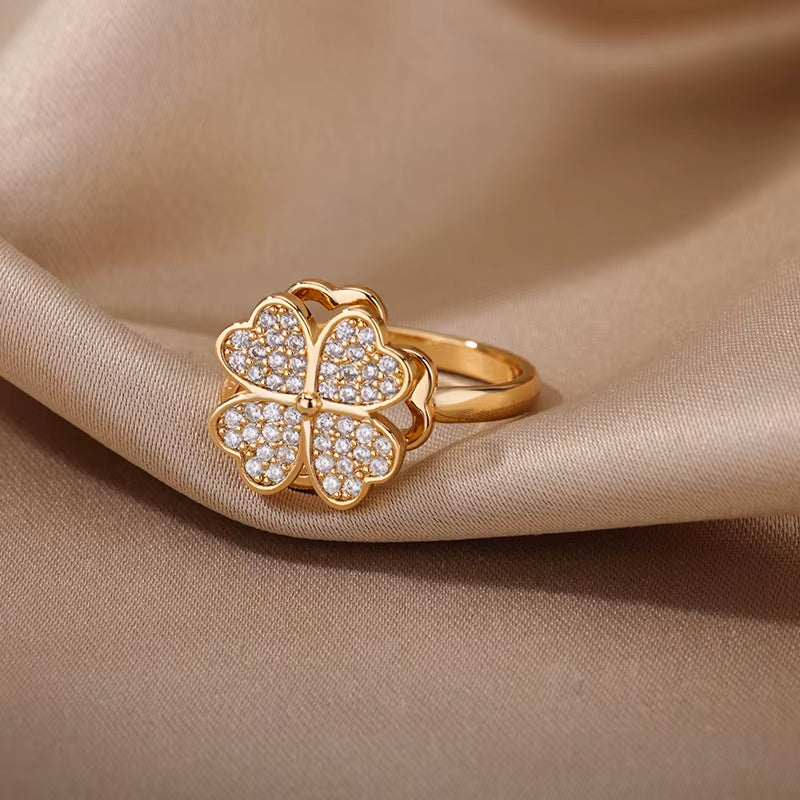 Heart-Shaped Four Leaf Clover Adjustable Ring for Women - Trendy Stainless Steel Wedding Band with 18k Gold Plating and Cubic Zirconia - Perfect Valentine's Day Gift!