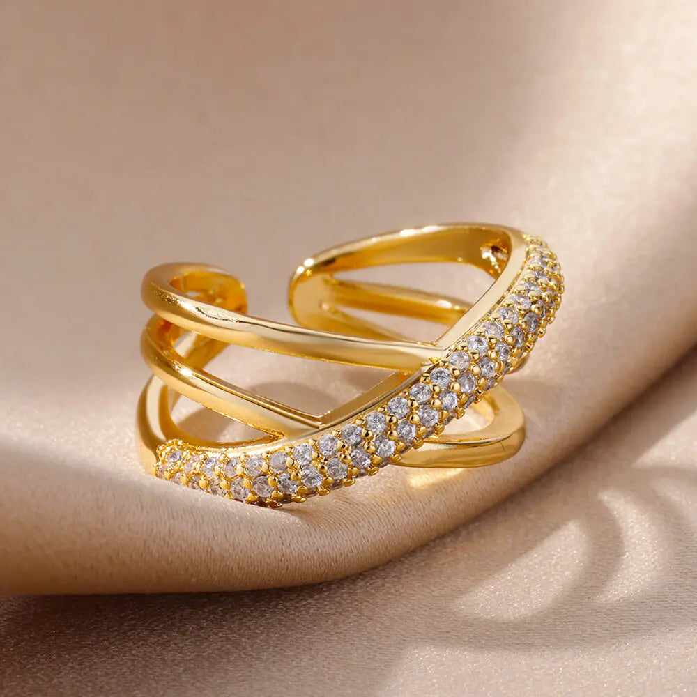 Elevate Your Style with Our Zircon Double Crossed Shape Ring - Luxurious Gold Plated Stainless Steel Wedding Band for Women
