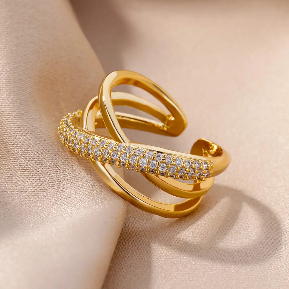 Elevate Your Style with Our Zircon Double Crossed Shape Ring - Luxurious Gold Plated Stainless Steel Wedding Band for Women