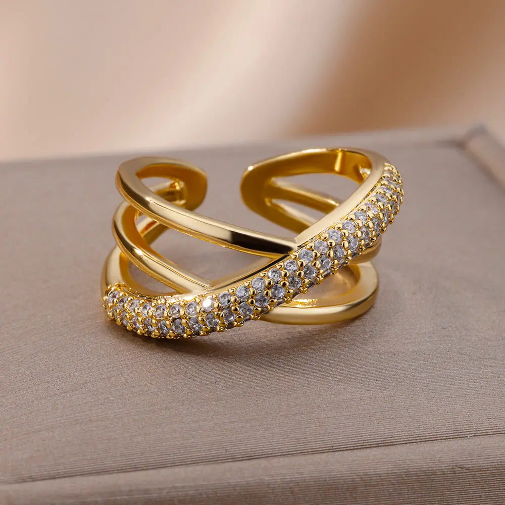 Elevate Your Style with Our Zircon Double Crossed Shape Ring - Luxurious Gold Plated Stainless Steel Wedding Band for Women