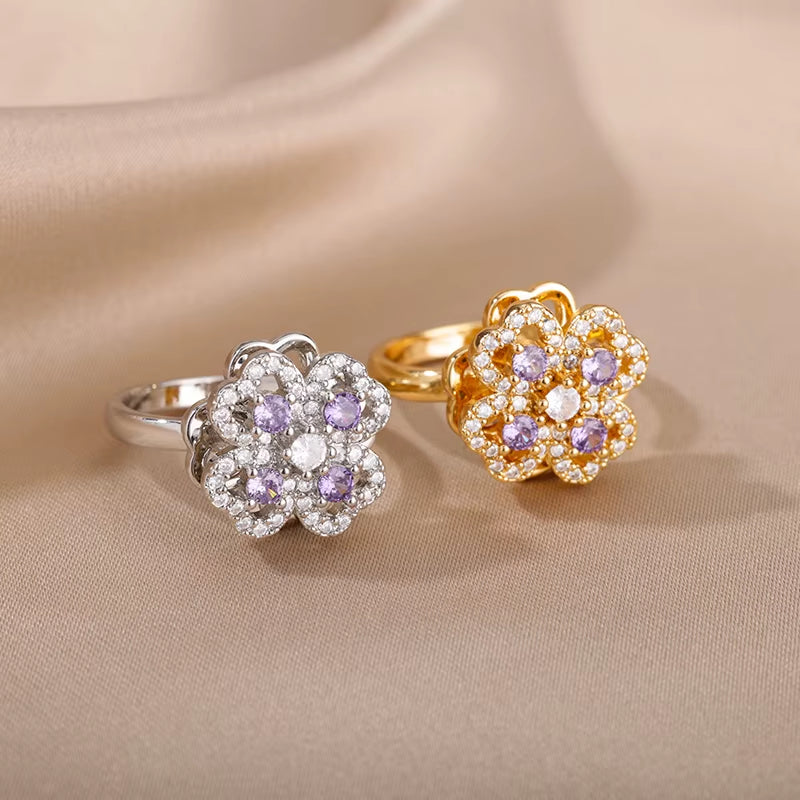 Heart-Shaped Four Leaf Clover Adjustable Ring for Women - Trendy Stainless Steel Wedding Band with 18k Gold Plating and Cubic Zirconia - Perfect Valentine's Day Gift!