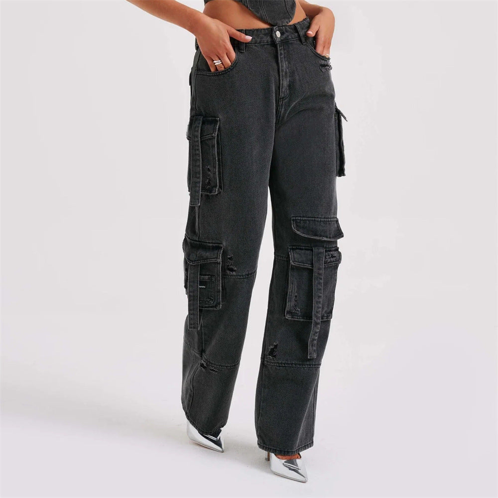 Chic Women's Low Waist Three-Dimensional Tube Top Jeans with Stylish Pocket Stitching