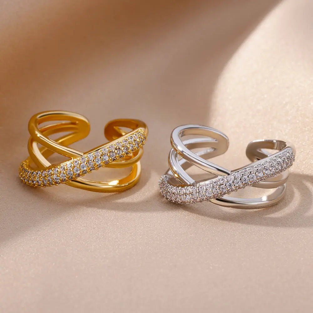 Elevate Your Style with Our Zircon Double Crossed Shape Ring - Luxurious Gold Plated Stainless Steel Wedding Band for Women